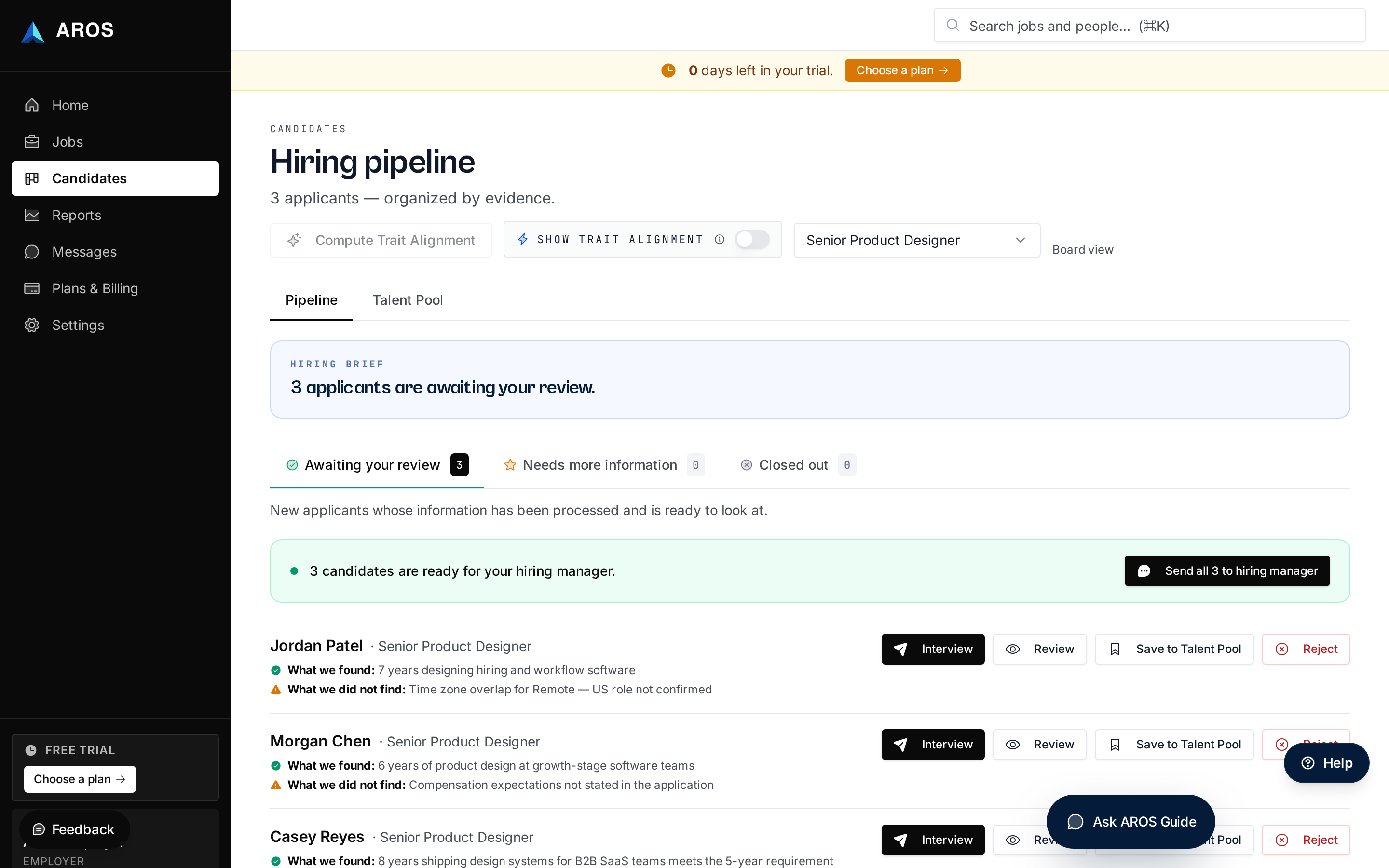 AROS applicant pipeline for a role, showing new applications with candidate names, stage, source, and applied-on timestamp.